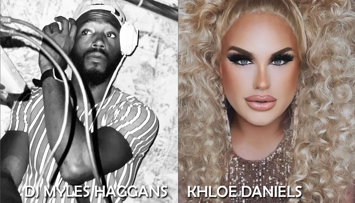 An African American DJ and a White Drag Performer with Curly Blond Hair