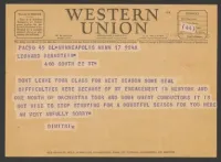 Dimitri Mitropoulos Western Union Letter to Leonard Bernstein April 17, 1940