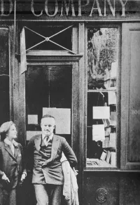 Sylvia Beach and Ernest Hemingway Outside Original Shakespeare and Company in Paris 1923