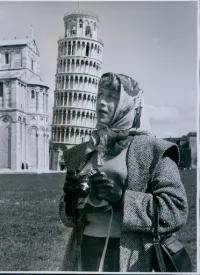 Roberta Cowell at the Leaning Tower of Pisa in Italy