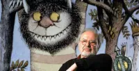 Maurice Sendak as an Elder Sitting in Front of Blown Up Versions of His Where the Wild Things Characters Illustrations
