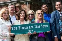 New York Democratic Elected Officials Carolyn Maloney, Kathy Hochul and Leticia James with Judith Kasen-Windsor Holding the Edie Windsor and Thea Spyer Way Street Sign in 2023