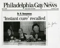 Philadelphia Gay News Cover with Barbara Gittings, Frank Kameny and Dr. John Fryer (with his mask on) at the 1972 APA Meeting