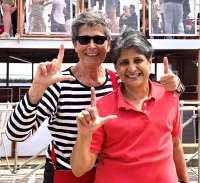 Romantic Partners Kate Clinton and Urvashi Vaid Outdoors at a Provincetown, Massachusetts Womens Week Event