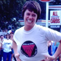Jean O'Leary at the Houston, Texas Pride March in 1979 Wearing a United We Stand Tee-Shirt