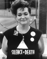 Lori Cannon Wearing a Silence=Death Tee-Shirt as a Younger Woman